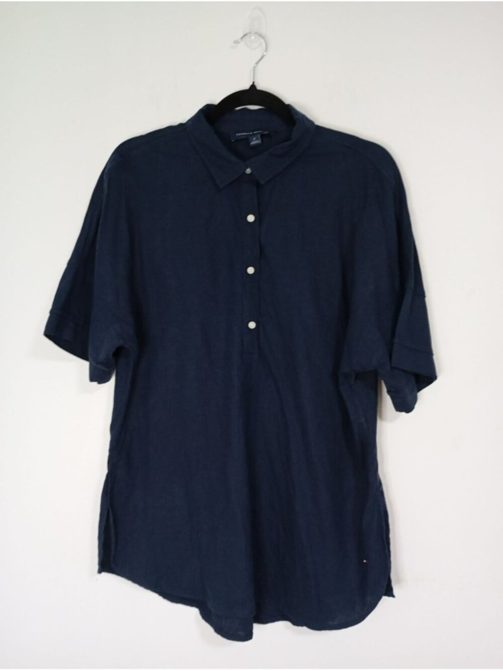 Tommy Hilfiger Linen-Blend Half Button-Up Tunic M Womens Navy Blue